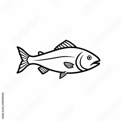 Side view of a line art stylized fish with fin details, simple, minimal drawing