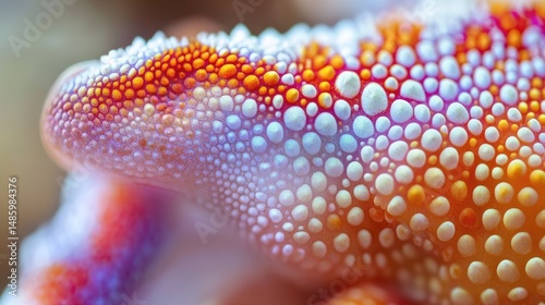 Close-up of vibrant, textured reptile skin with colorful, bumpy scales.