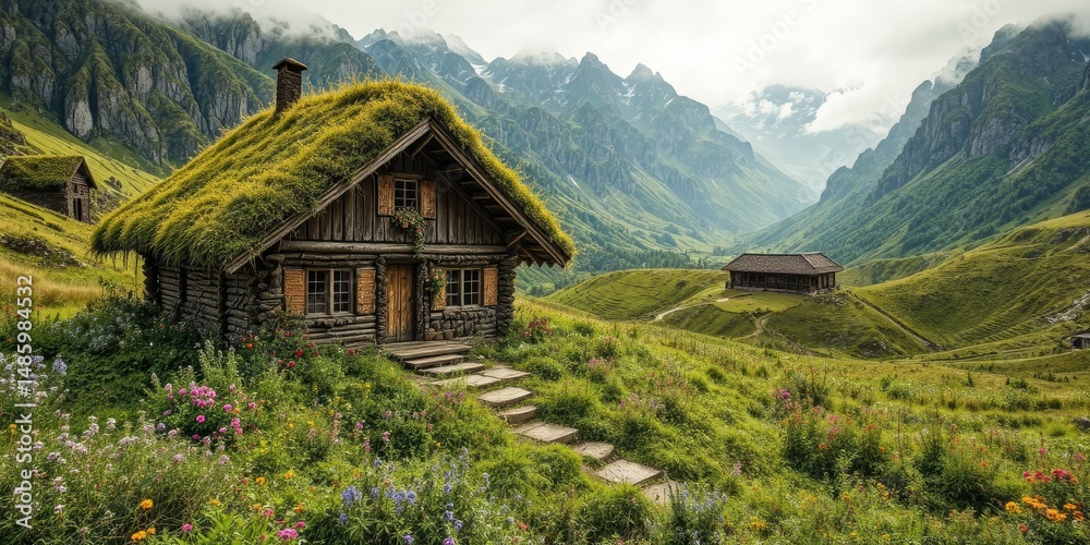 Fototapeta premium Moss-Covered Cottage Amidst Lush Mountain Meadow