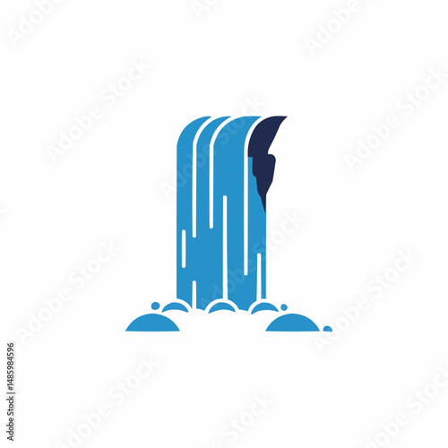 Bold graphic depiction of a waterfall with clear lines on a stark white backdrop