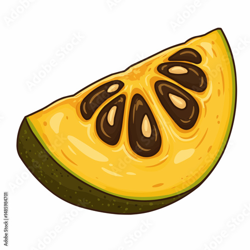 Illustrated slice shows dark seeds and yellow pulp