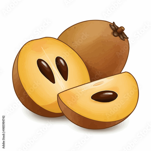 Sliced ripe brown-skinned fruit with smooth, yellowish interior, and black seeds depicted