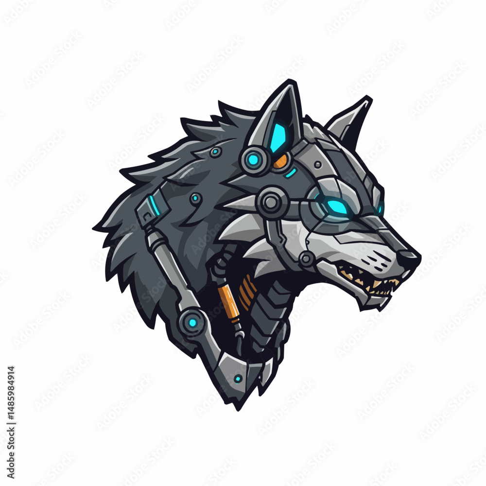 Obraz premium Cybernetic canine with glowing blue accents peeks from corner, fur textured in shades of gray