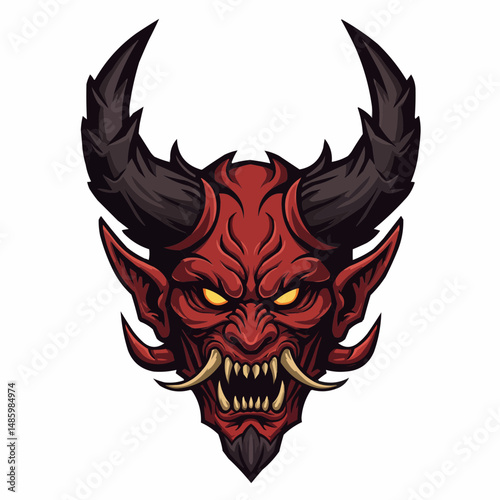 Red, horned demon mask. Dark horns arc high around the head. Intricate design