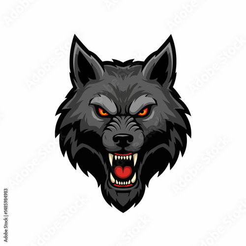 Gray wolf illustration, with angry, orange eyes, and black outline, and pointy ears