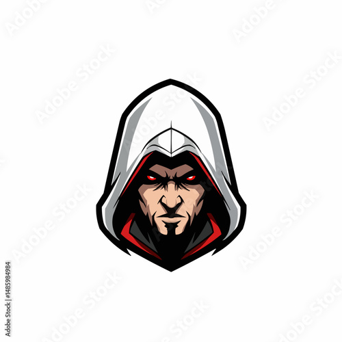 Hooded figure illustration in white, gray, black, and red on a white background