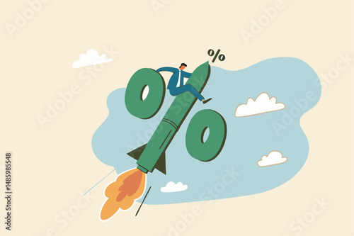 Interest rate rising up, Federal reserve or central bank raising policy, inflation or monetary percentage concept, businessman riding percentage with rocket booster metaphor of interest rate hike.