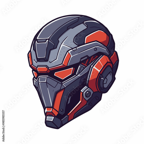 Sleek and detailed futuristic robot helmet, rendered in gray and red with bold, black outlines