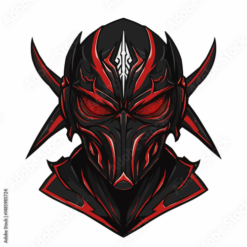 Intricate black and red demonic mask with a single white design on its forehead