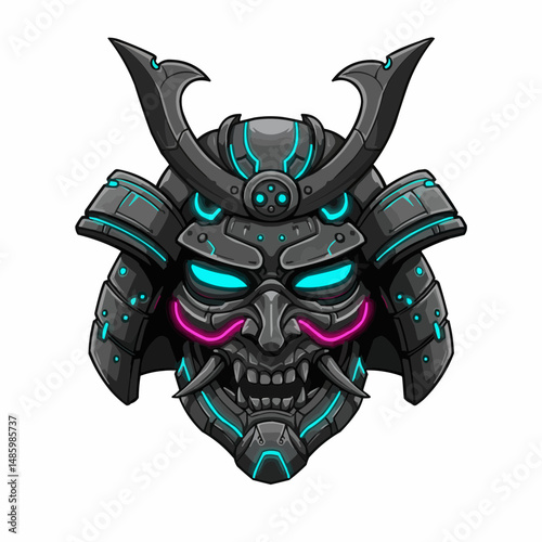 A futuristic, metallic samurai helmet features glowing cyan accents and intricate detailing