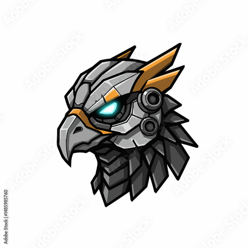 Robotic bird head with glowing blue eye, silver & gold color scheme