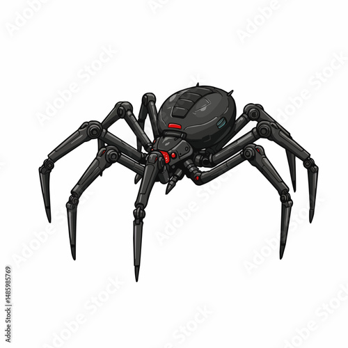 Robotic spider with metallic legs and a black body, set against a white background