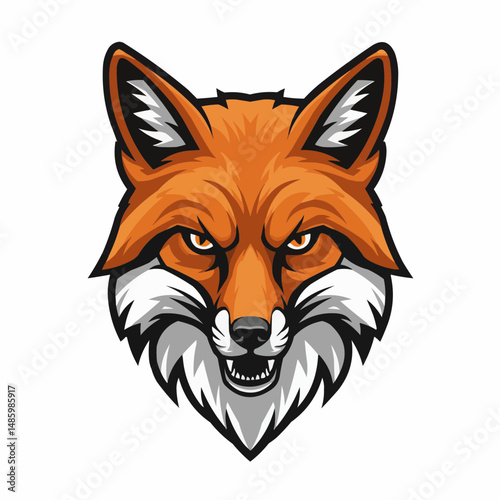 Close-up vector illustration of an orange fox head, focused eyes, pointy ears against white