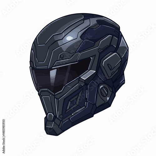 Detailed futuristic helmet featuring dark colors and segmented, geometric design