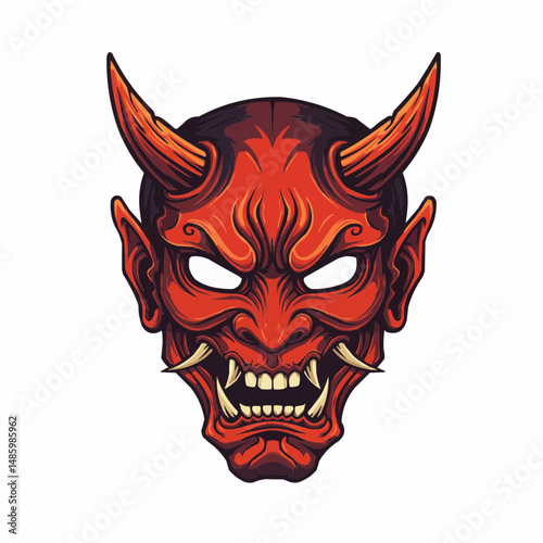 Fiery stylized oni mask with horns, menacing with red and black hues on white