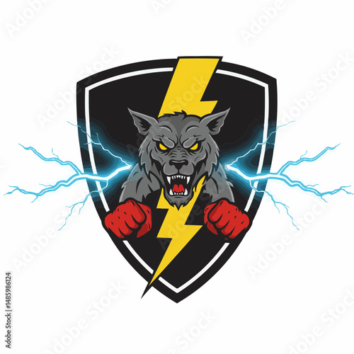 Angry wolf on a black badge with lightning. Fierce predator with menacing stare
