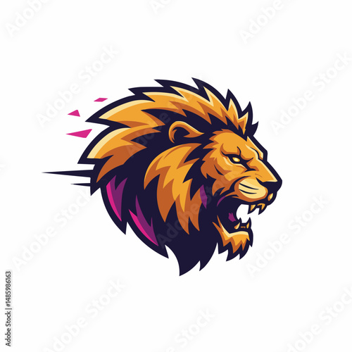 Stylized, geometric lion with purple triangles shows a powerful look