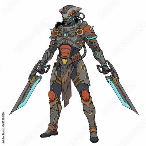 Sci-fi warrior armored in gray, orange and turquoise, ready for future battles