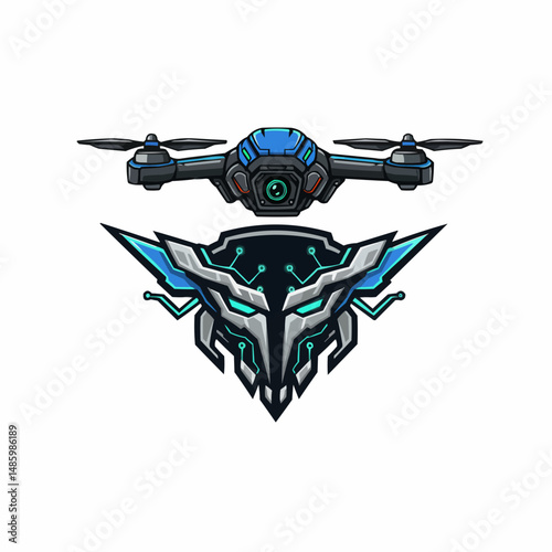 A futuristic-looking drone with blue accents hovers above a tech-themed design