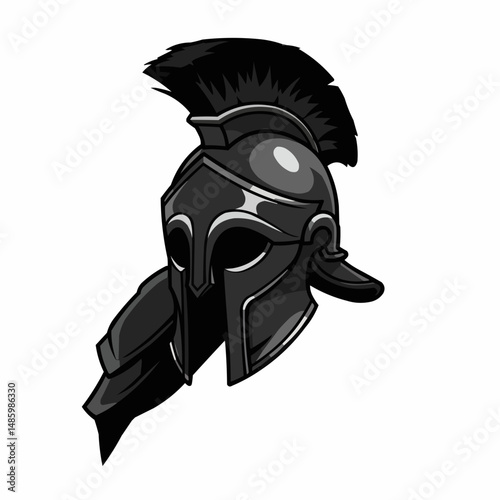 Cartoon gladiator helmet, shaded in black and grey, isolated against a white backdrop