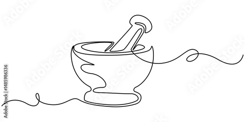 Mortar with pestle one line continuous drawing. Kitchen tools continuous one line illustration. Vector minimalist linear illustration, Single continuous line drawing mortar and pestle vintage.