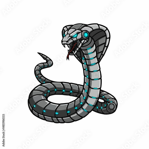 Metallic robotic cobra with piercing blue eyes and forked tongue on white