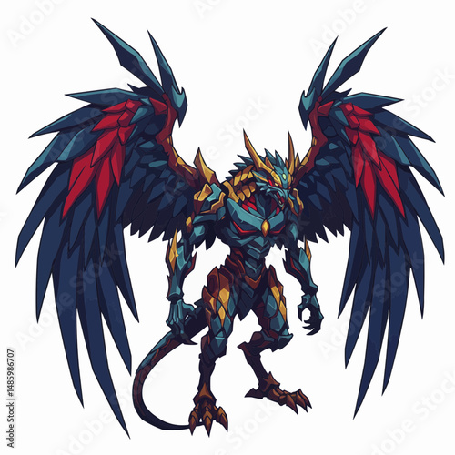 Winged mechanical creature with sharp angles, gold accents, blue, & red features