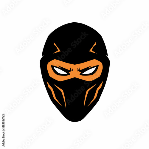 Illustration of a masked, orange-skinned character with sharp white eyes, against a white background