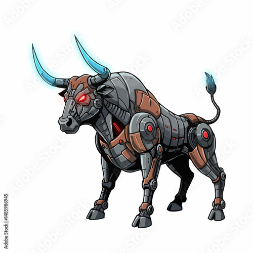 Cybernetic bull, metal body with glowing blue horns and red eyes. Fierce robotic animal