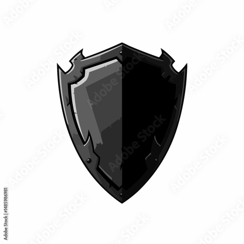 A black and grey shield with battle damage, ready for fantasy warfare or defensive security