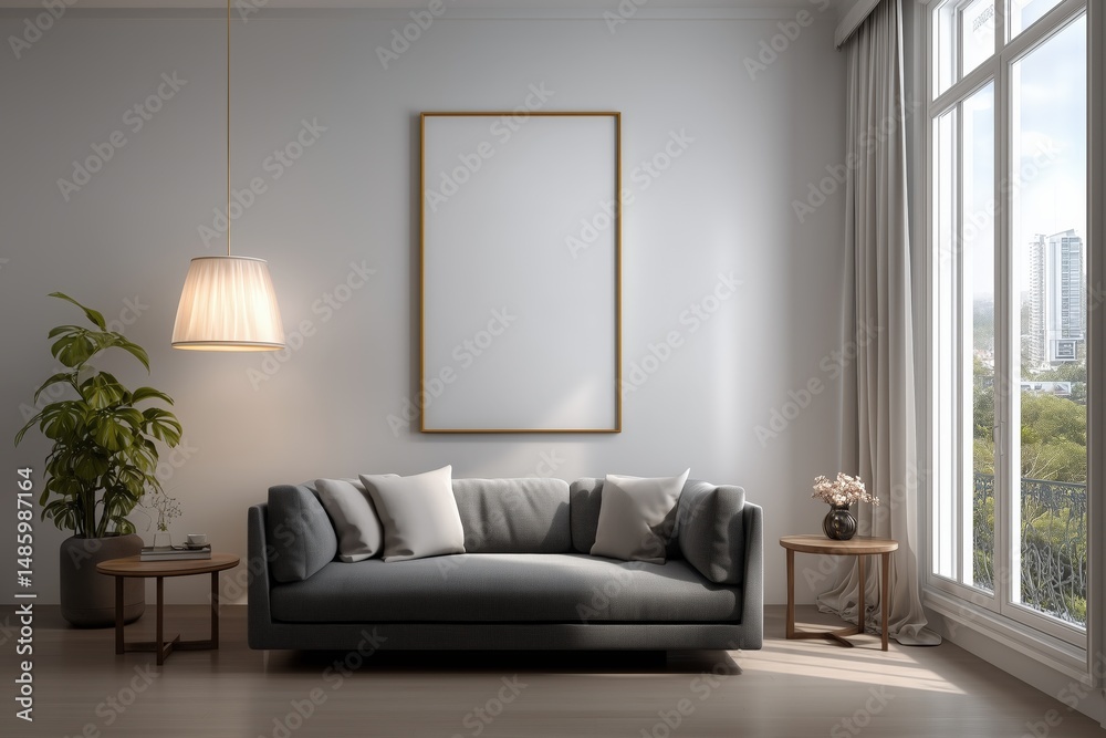 Fototapeta premium A clean mockup of a blank poster frame in a bright modern living room with soft natural light