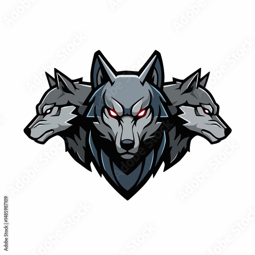 Three gray wolves peer from the bottom, eyes glowing red on a white background