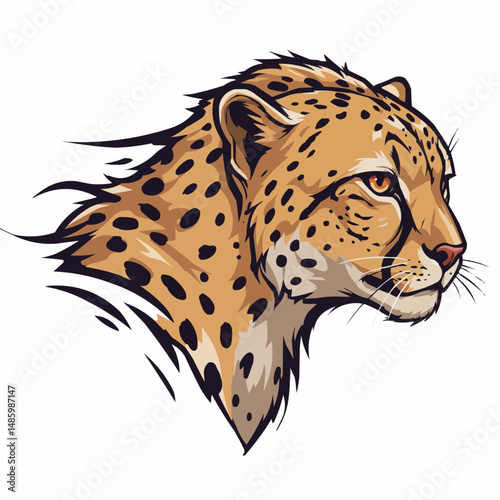 Close-up, stylized illustration of a fierce, spotted, tan, feline predator