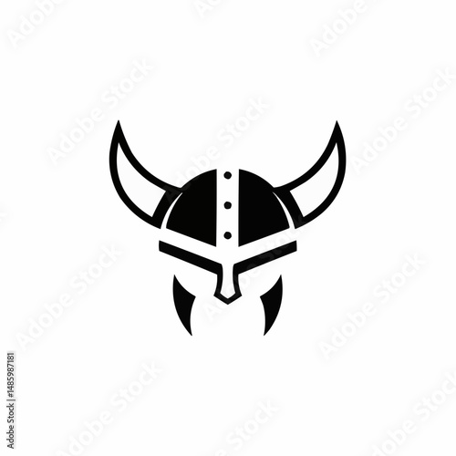 Simplified, black and white graphic of a horned helmet on a white background