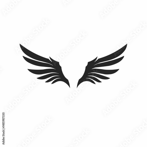 Dark stylized wings graphic. Minimalist design, black on white background, partial view