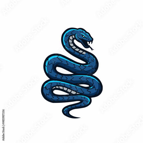 Fierce, blue serpent coiled, tongue flicking, ready to strike. Vector art