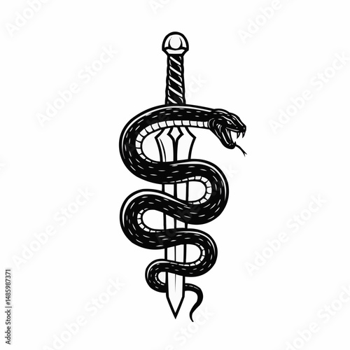 A snake wraps around a sword, tongue out, ready to strike