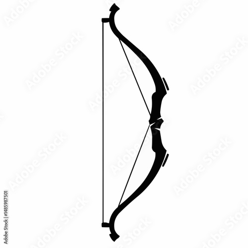 Silhouetted bow and taut string ready for an arrow. Blank white background.