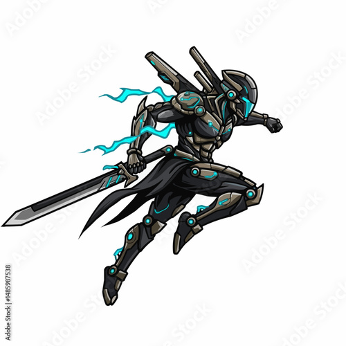 Sci-fi character in armor holding a sword, enhanced with futuristic elements