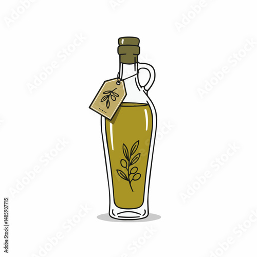 A styled illustration of an olive oil bottle with a branch-adorned label