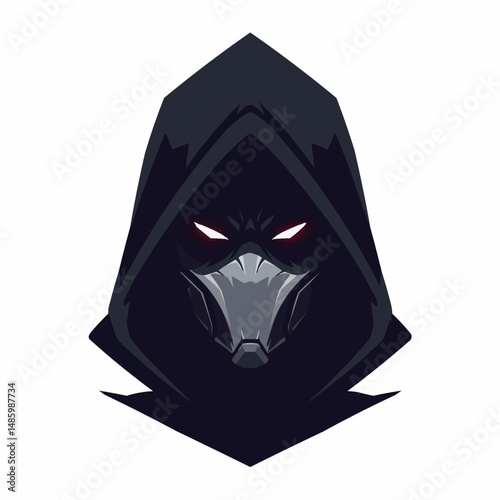 Grim figure in a dark cloak with piercing red eyes, minimalist, on white background