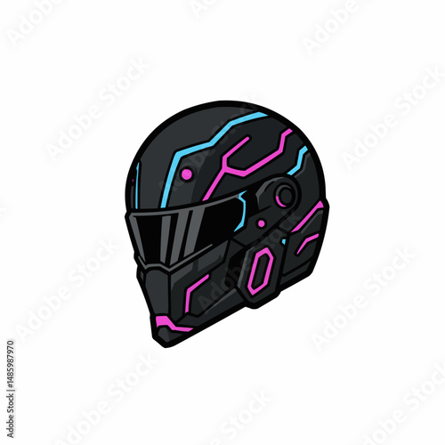 Futuristic helmet, black with blue and pink lines. Protection headgear, visor and design