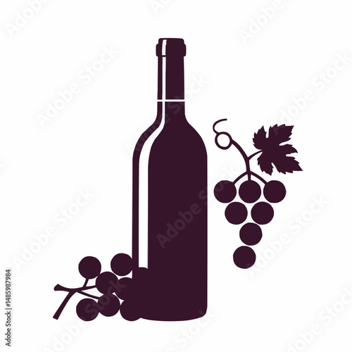 Minimalist wine bottle silhouette illustration with vine detail on white background