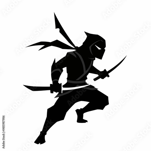 Black silhouette figure wearing a ninja outfit with a hood and weapon on white