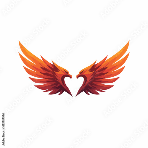 Winged figure's vivid red and orange wings soar against a stark white background photo