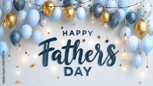 Happy Father's Day Festive Blue and Gold Balloons with String Lights