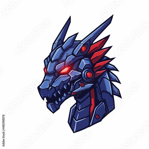 Robotic blue dragon head with red highlights and glowing eyes on a clean, white background