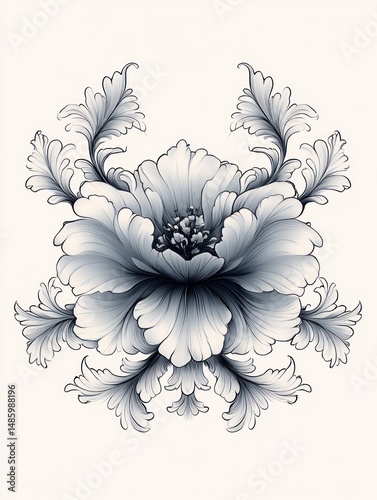 Detailed monochrome illustration of a large blooming flower with delicate, ornate leaves surrounding it conveying elegance and tranquility