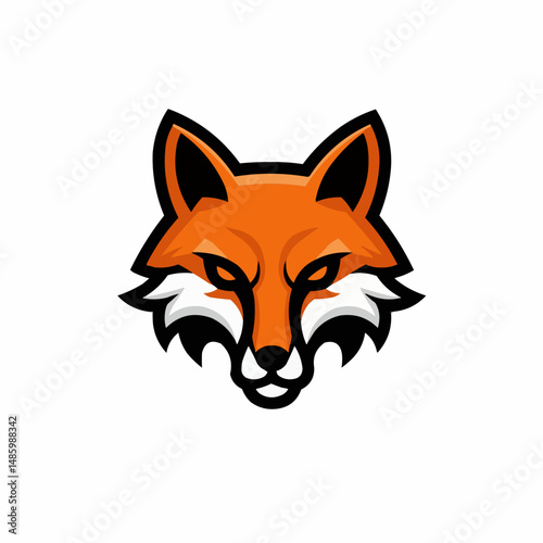 A stylized orange fox face with triangular ears, outlined in black, set against a white background