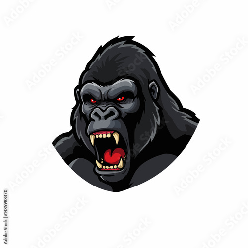 Intimidating illustration of a gorilla's head with piercing red eyes on a white background